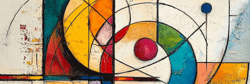 ein abstraktes Gemälde mit leuchtenden Farben, geometrischen Formen und kühnen Linien