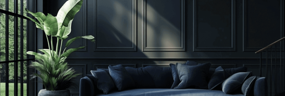 Luxuriöses, dunkles Wohnzimmer mit marineblauem Sofa, goldenem Couchtisch, großer Pflanze und modernem Kronleuchter, beleuchtet durch bodentiefe Fenster