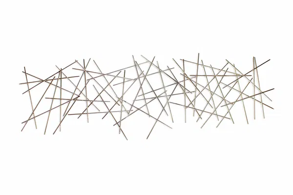 Abstrakte Wanddekoration aus sich kreuzenden Metallstäben, die ein minimalistisches, geometrisches Muster bilden.