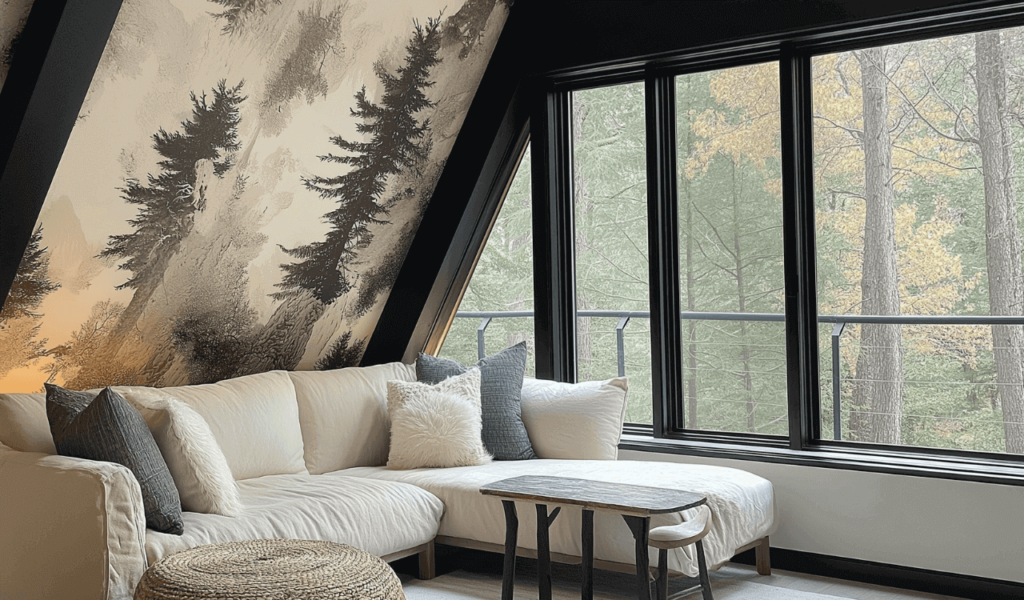 Ein gemütliches A-Frame-Wohnzimmer mit einem weißen Sektionssofa, einem Kiefernwandbild an der schrägen Wand und großen Fenstern, die einen ruhigen Blick auf den Wald bieten.