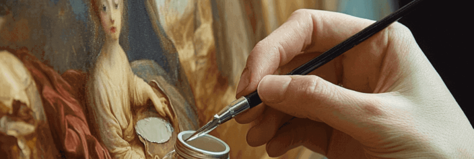 Nahaufnahme eines Restaurators, der mit feinem Pinsel und Restaurierungsmaterial ein klassisches Gemälde sorgfältig restauriert
