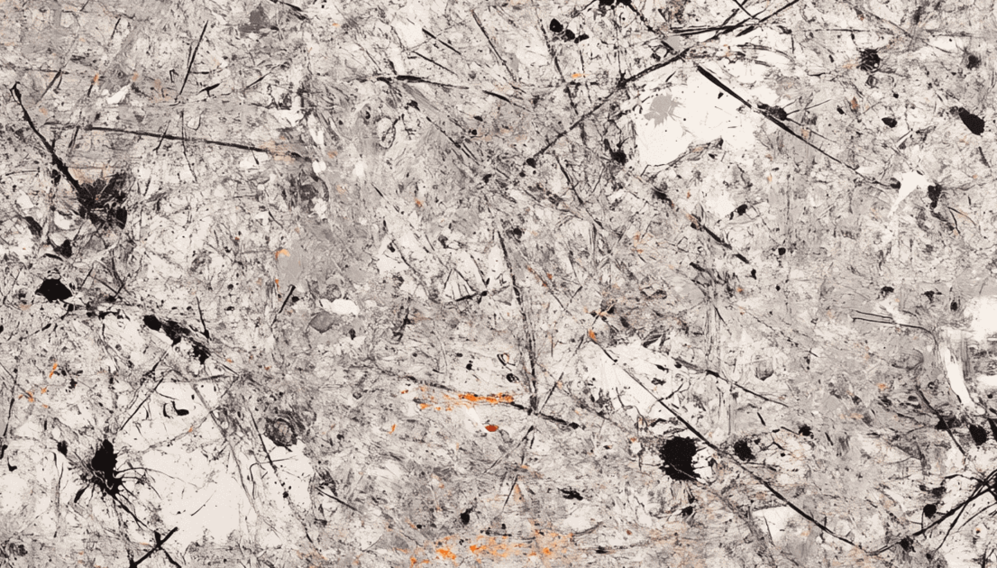 Abstraktes Gemälde mit schwarzen Spritzern und chaotischen Linien auf einem strukturierten grauen Hintergrund