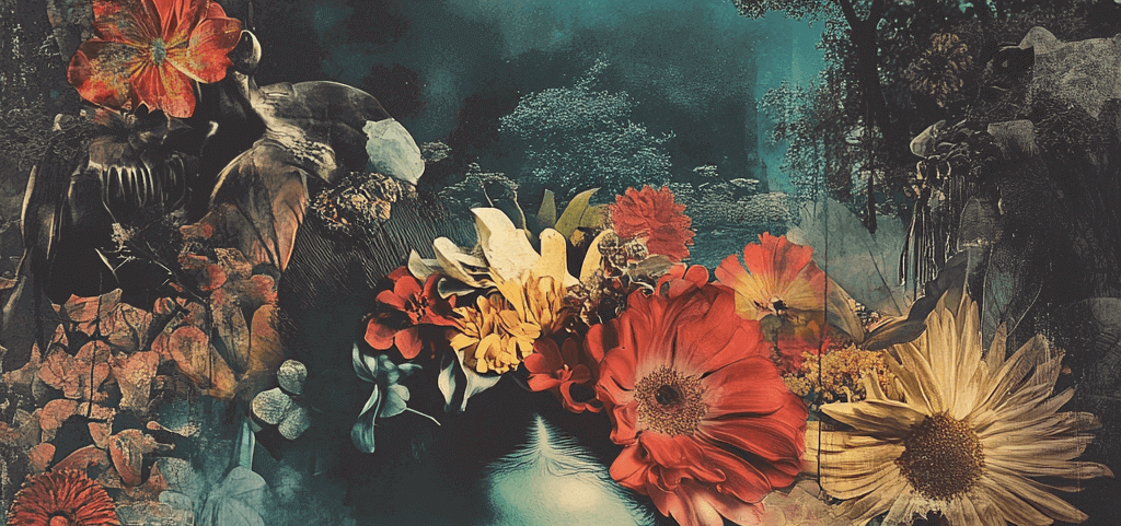 Eine surreale Komposition, die leuchtende Blumen mit abstrakten und schattenhaften Elementen vor einem traumhaften Waldhintergrund verbindet