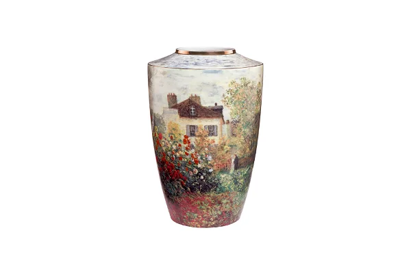 a porcelain vase with garden set up with daisy flowers and a house