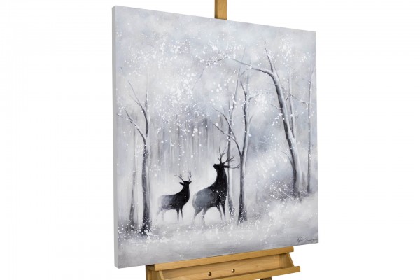 Gemälde handgemalt Bild Hirsche Winter Schnee Wald