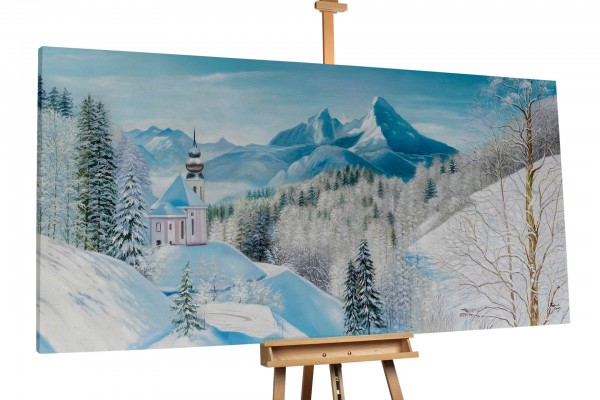 Bild Gemälde XXL Winter Berge Schnee Idylle handgemalt