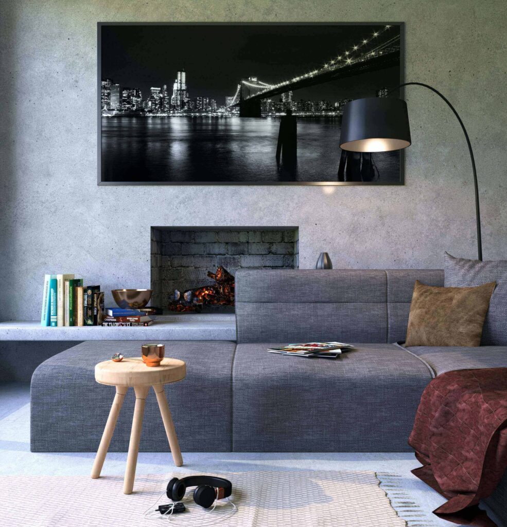 Ein Wohnzimmer mit Bogenlampe und schwarzer Wandmalerei