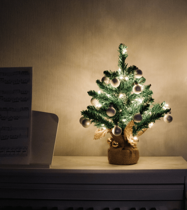 Ein Mini-Weihnachtsbaum mit einer Weihnachtsbeleuchtung umwickelt