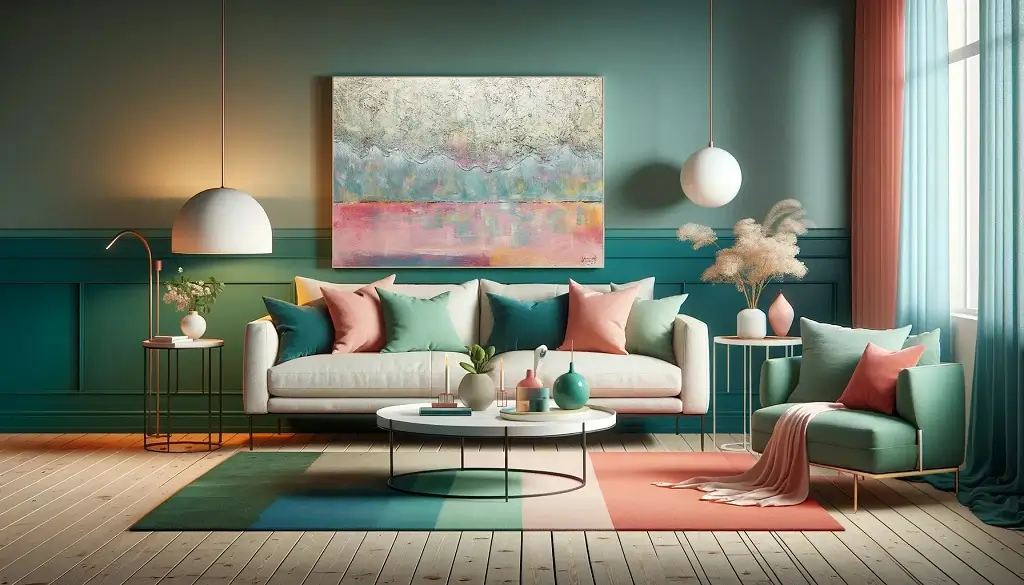 wohnlandschaft mit romantischer farbpalette von tiefblau und weich koralle