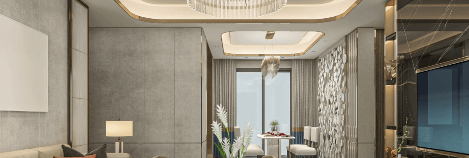 Ein Bild eines Wohnzimmers mit Kronleuchter, Lederkissenbezügen und dekorativem Wandhintergrund