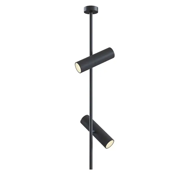 Vertikale schwarze Zweilicht-Schienenleuchte mit zylindrischen Schirmen auf weißem Hintergrund.