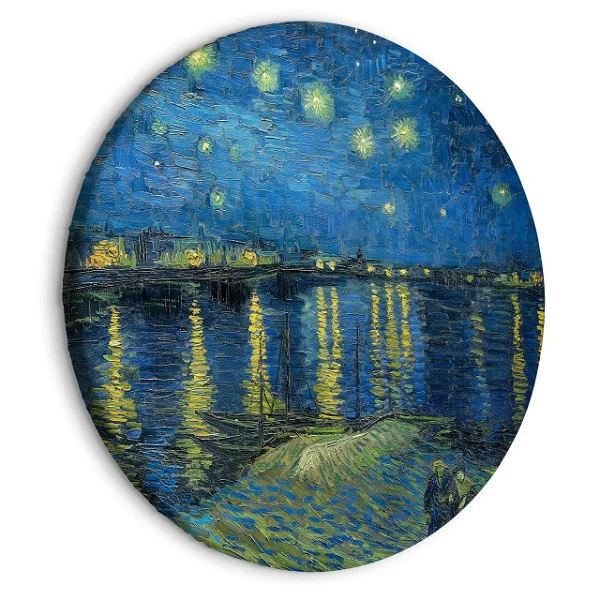 Vincent van Gogh's Starry Night Over the Rhône, captured on a round canvas, with vibrant blue tones and luminous stars reflecting in the flowing river.