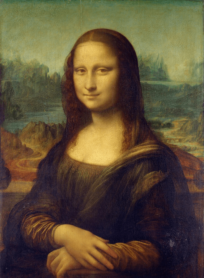 Leonardo da Vincis Mona Lisa, ein zeitloses Porträt, das eine Frau mit einem rätselhaften Lächeln vor einer Kulisse aus fernen Bergen und gewundenen Flüssen zeigt.