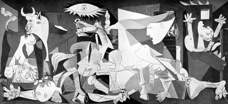 Schwarz-Weiß-Reproduktion von Pablo Picassos Guernica, einer kraftvollen und chaotischen Darstellung von Krieg und Leid auf einer großen Leinwand