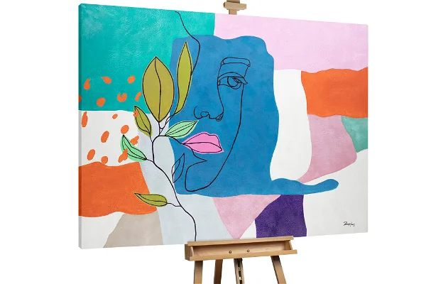 Abstract representation of Picasso's style in an XXL oil painting titled 'Picasso's Aphrodite', featuring vibrant colors and bold outlines in a modern interpretation of classical themes.