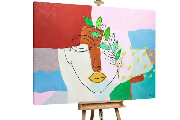 Oil painting 'Picasso's Demeter' depicting an abstract face with leaf elements, blending bold red with pastel hues.