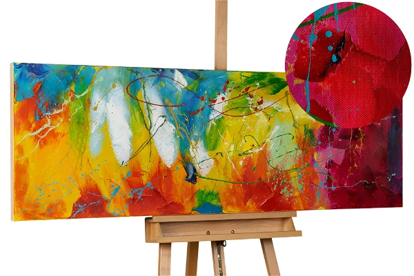Lebendige abstrakte Leinwand mit explosiven Farben und Spritzerdetails.