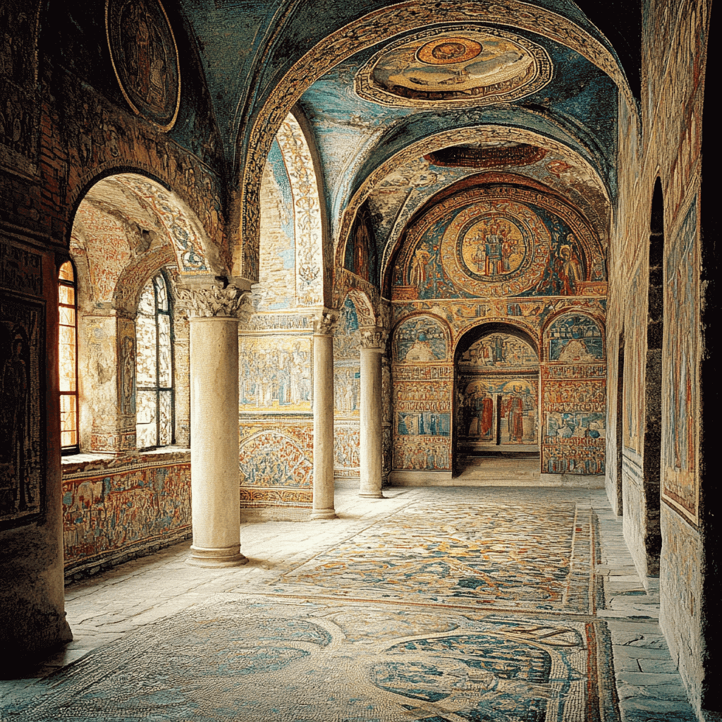 Das Innere der Basilika von San Vitale in Ravenna mit seinen komplizierten byzantinischen Mosaiken und dekorativen Bögen.