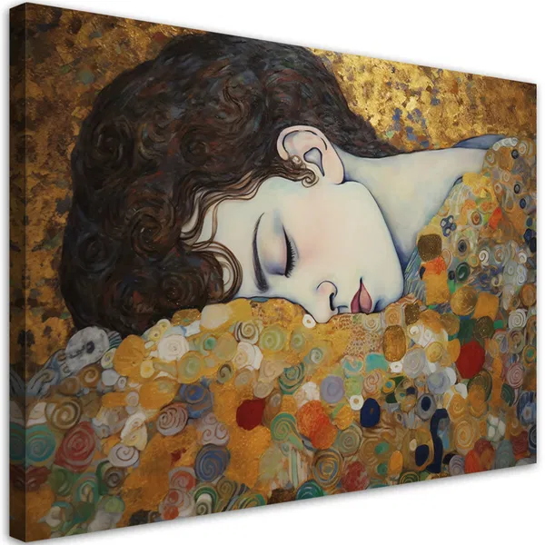 Kunstdruck auf Leinwand, der eine ruhende Frau zeigt, inspiriert von Klimts charakteristischem Stil mit Gold und komplizierten Details.