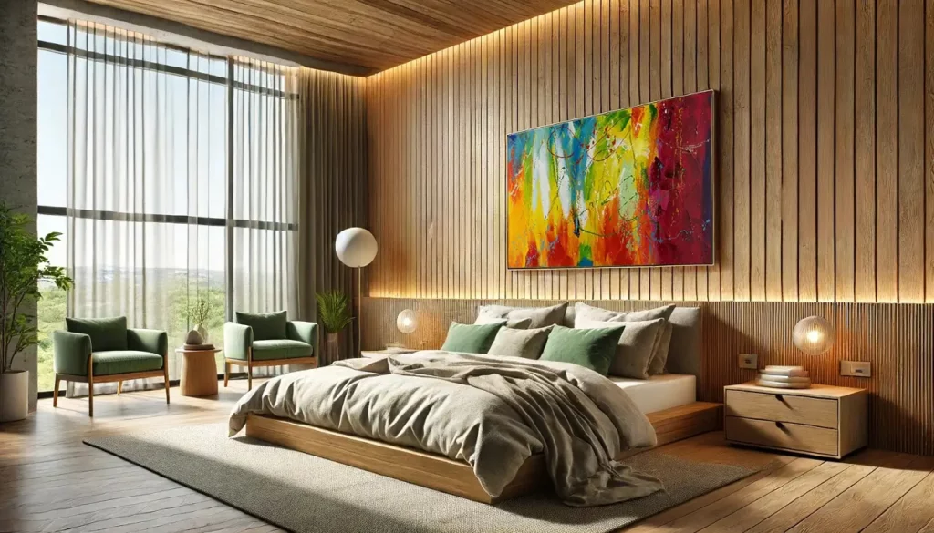 Wohnzimmer mit grünem Sofa und gelb grauem Accenta und die helle Zukunft abstrakte Kunst Acryl Gemälde von Kenneth Zeng