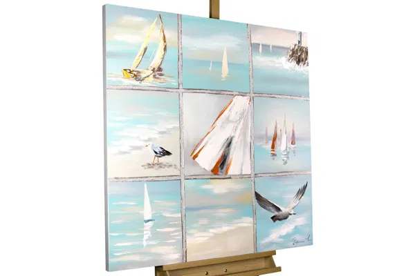 kl00062-sommermeerbooteampmoeweninblaumodernacrylgemaeldeoelbildoelgemaelde-01