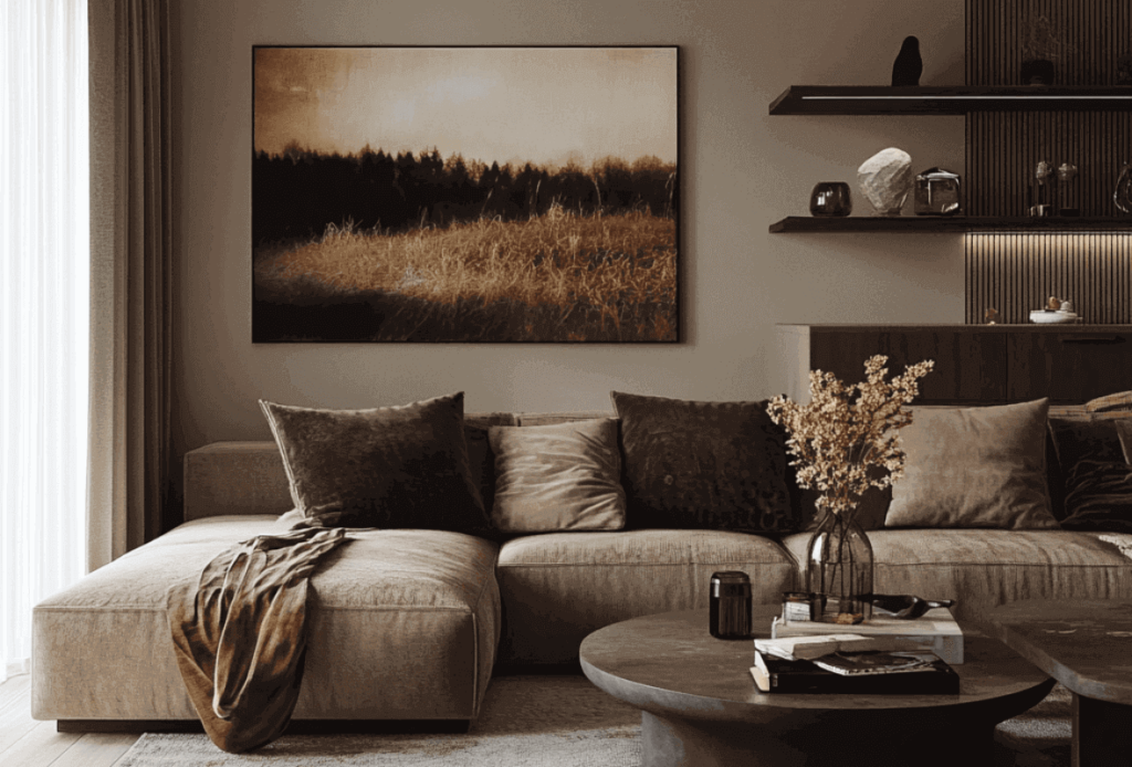 Beigefarbenes Wohnzimmer mit einem Sektionssofa, erdigen Kissen, einem runden Couchtisch und Wandkunst mit Naturmotiven