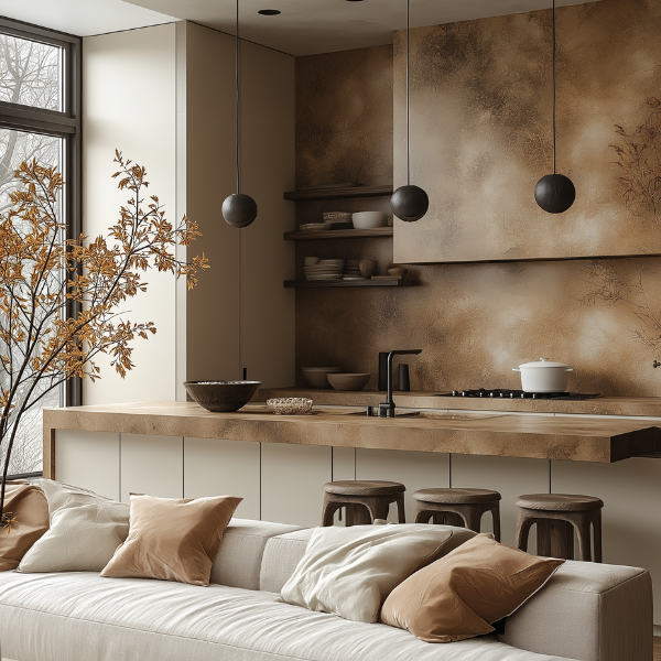 Gemütliche Küche mit Holztheke, Hockern, Pendelleuchten und einem weichen Sofa mit neutralen Kissen