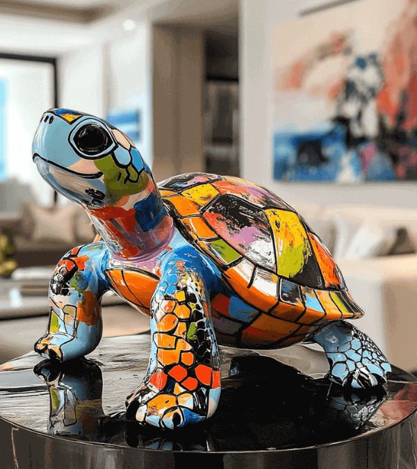 Bunte Schildkrötenskulptur auf einem reflektierenden Tisch in einem modernen Wohnzimmer