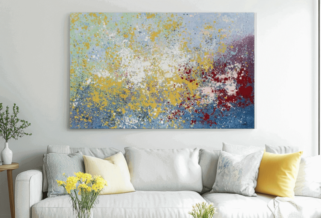 Ein Wohnzimmer mit einem Kissen in Weiß-, Blau- und Gelbtönen und einem großen Wandgemälde mit abstraktem Design