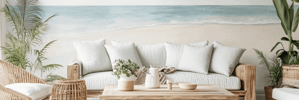 Ein Wohnzimmer im Küstenthema mit einer großen Wandmalerei am Strand, Holzmöbeln, Rattan-Akzenten, neutralen Tönen und Zimmerpflanzen, die eine entspannte tropische Atmosphäre schaffen.