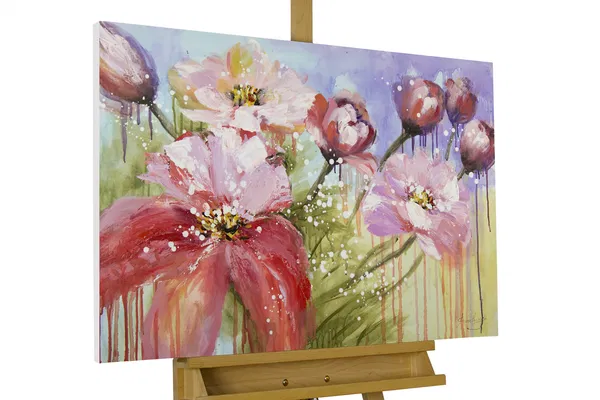 Lebendiges abstraktes Gemälde mit farbenfrohen Blumen und Grünpflanzen in Rot-, Rosa- und Grüntönen in einer verträumten Gartenlandschaft.