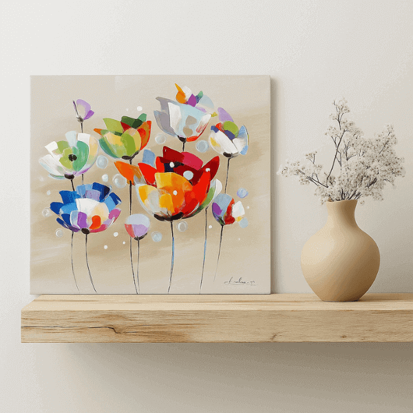 Bunte Blumenmalerei mit einer beigen Vase auf einem Regal: "Abstrakte bunte Blumen Malerei auf einem beigen Hintergrund, über einem Holzregal mit einer beigen Vase und getrockneten Blumen platziert.