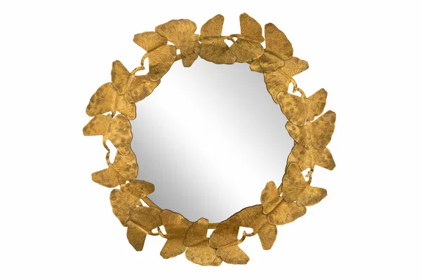 Der runde Spiegel wird von einem goldenen Ginkgoblattmuster umrahmt und verleiht jedem modernen Raum einen eleganten, von der Natur inspirierten Look.