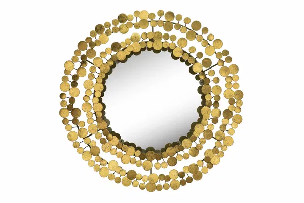 Eleganter runder Wandspiegel aus Metall mit goldenem Rahmen, der mit seinen geometrischen Linien ein kühnes, modernes Statement setzt.