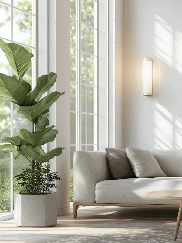 Minimalistisches skandinavisches Wohnzimmer mit natürlichem Licht: "Minimalistisches skandinavisches Wohnzimmer mit weichen neutralen Möbeln, großen Fenstern, die natürliches Licht hereinlassen, und einer gemütlichen Atmosphäre.