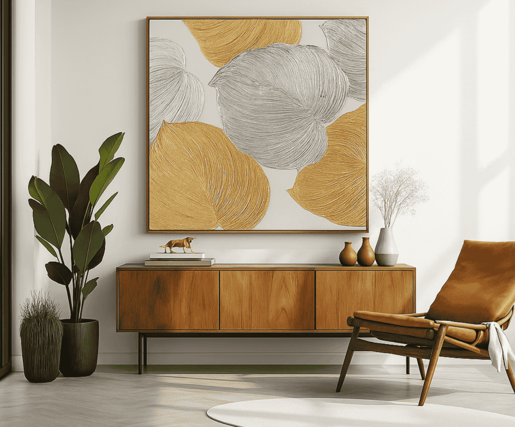 Wohnzimmer mit einer dekorativen Holzschublade und einem gold-silbernen Gemälde