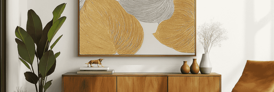 Wohnzimmer mit einer dekorativen Holzschublade und einem gold-silbernen Gemälde