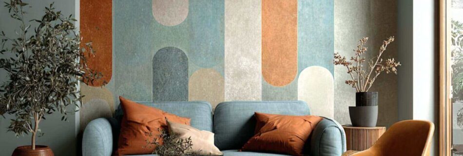 Ein gemütliches und modernes Wohnzimmer mit einer Tapete im geometrischen Design, erdigen Farbtönen und weichen Texturen, die perfekt für eine stil