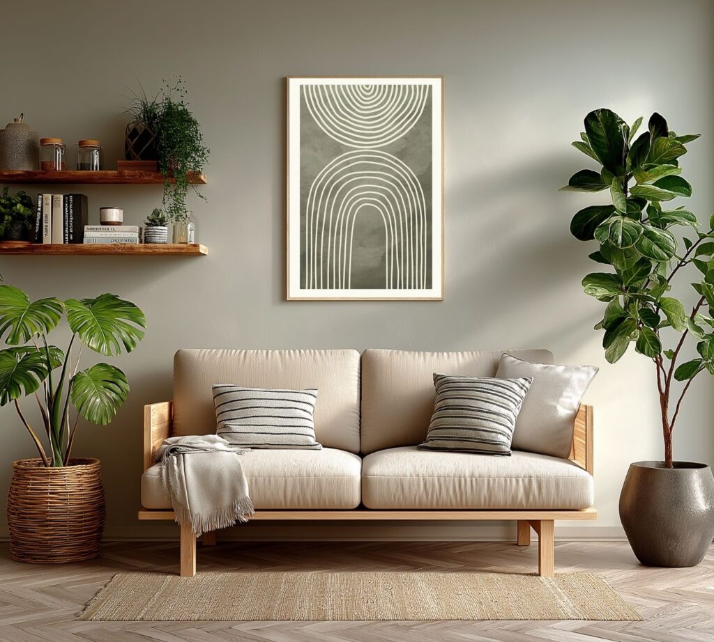 Modernes, minimalistisches Wohnzimmer mit natürlichen Akzenten