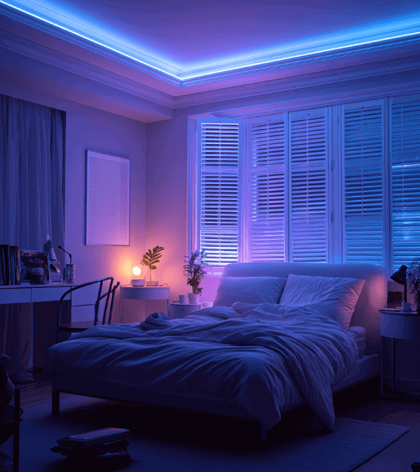 Schlafzimmer mit blauer LED-Beleuchtung – modernes Ambiente