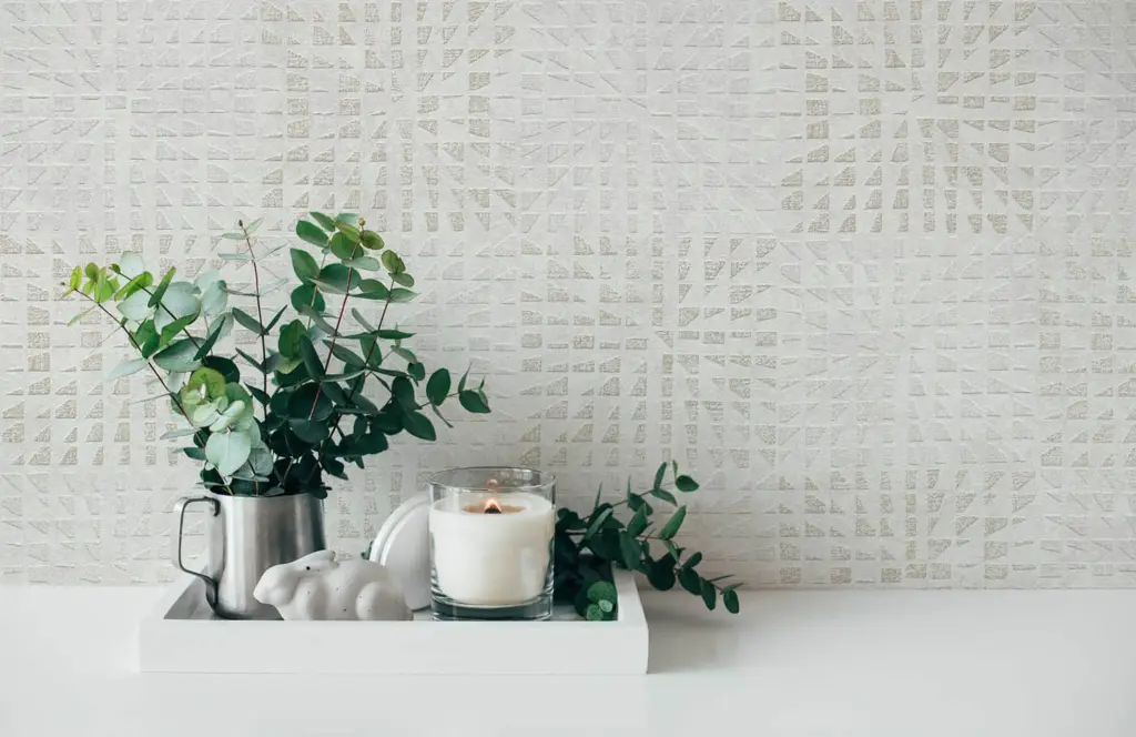 Strukturierte weiße Wand mit dekorativen Keramikvasen und grüner Pflanze für ein modernes Interior