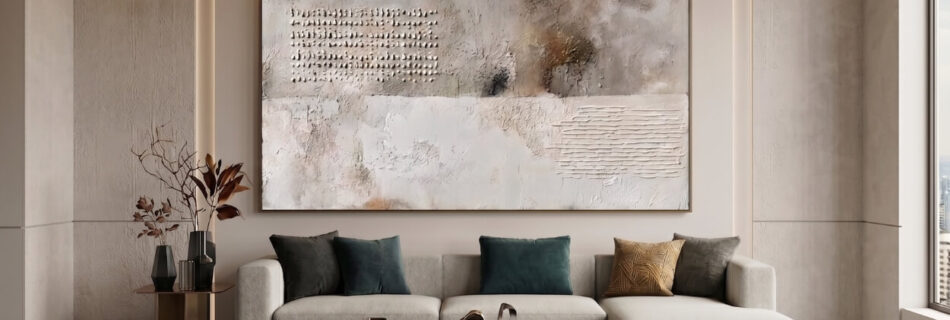 Modernes Wohnzimmer mit einem großen, strukturierten abstrakten Kunstwerk über einem cremefarbenen Sofa.